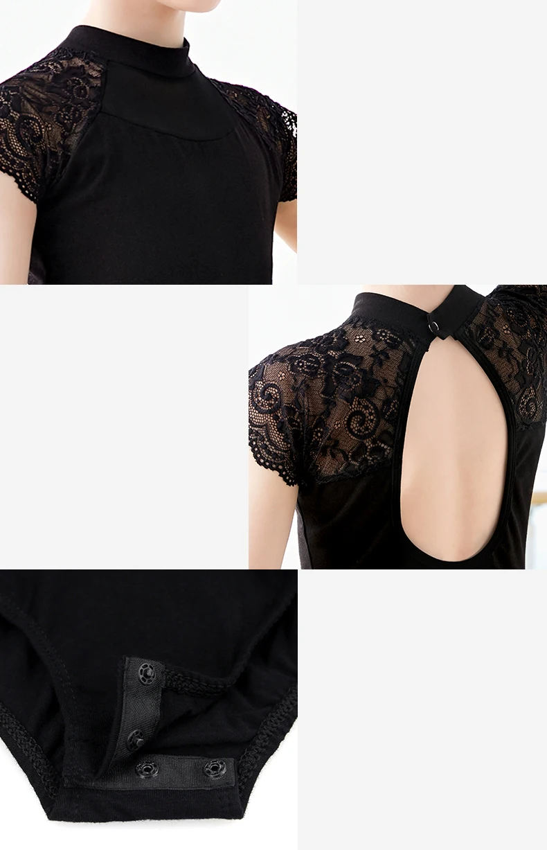 Girls Lace Ballet Leotards Stand Collar Hollow Back Gymnastics Leotard Cotton Ballet Bodysuit Kids Dance Leotards for Girls