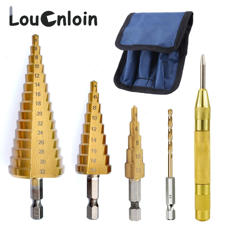 

5Pcs 4-32mm HSS Straight Groove Step Drill Bit Set Center Punch Titanium Coated Wood Metal Hole Cutter Core Cone Drilling Tools