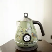 Bouilloire électrique avec décalcomanie de peinture verte rétro 1850W, bouilloire bouillante avec thermomètre, mise hors tension automatique, théière en acier inoxydable 304 1,7 l 1