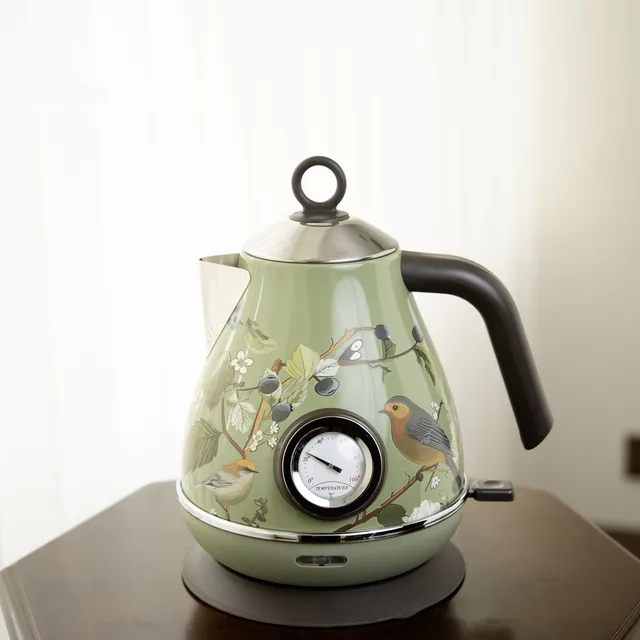 Bouilloire électrique avec décalcomanie de peinture verte rétro 1850W, bouilloire bouillante avec thermomètre, mise hors tension automatique, théière en acier inoxydable 304 1,7 l 1