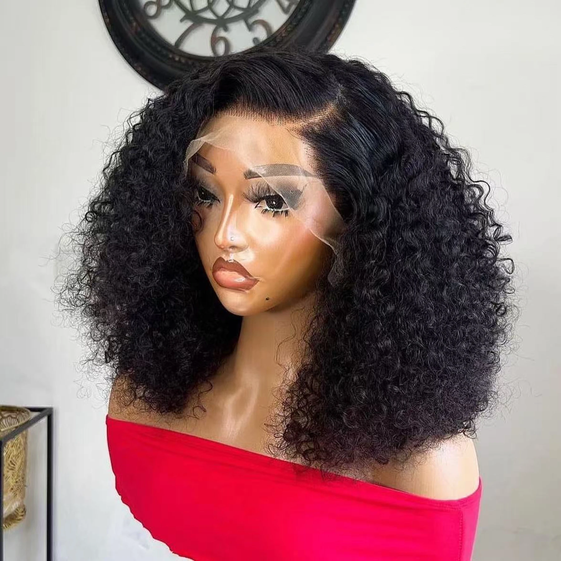 Kinky Curly Short Bob Cut 13X4 HD Full Lace Frontal Synthetic Wig For Black Women Prepluck Hairline Bleached Knots Glueless Wigs 2