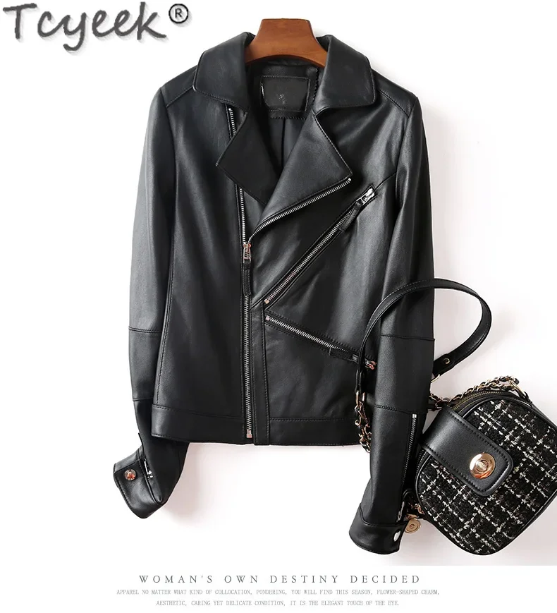 Tcyeek Real Leather Jacket Women Fashion Women\'s Motocycle Jackets Black Brown Sheepskin Coat for Women Clothing Spring Autumn