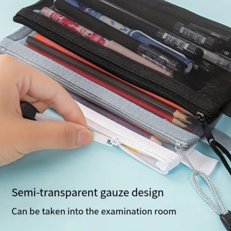 Korean Creative Simple Transparent Mesh Pen Bag,Zipper Closure,Portable,Examination Essential,Student Stationery Bag