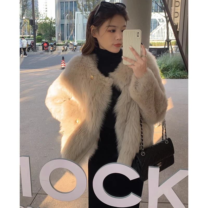 Imitation Fox Fur Coat Women Korean Autumn Winter Round Neck Outwear All-Match Thick Double Breasted Overcoat Plush Chaquetas