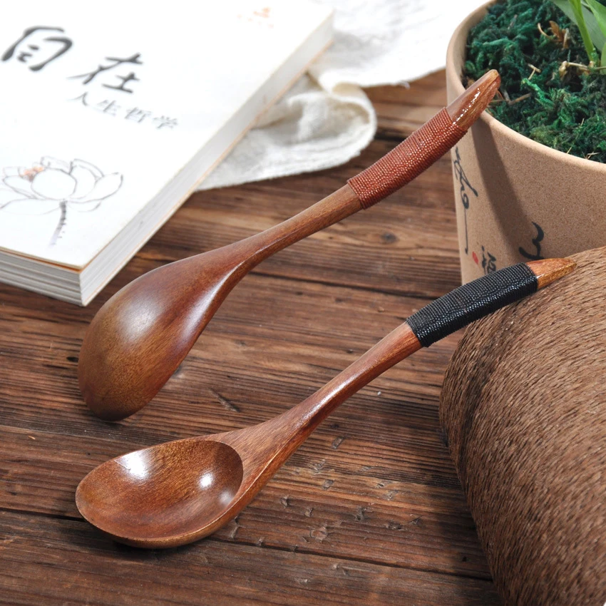 2 Pcs Wooden Spoons Rice Scoops Coffee Honey Stirring Mixing Spoon Teaspoon Kitchen Cooking Twine Wood Spoon for Noodle Soup