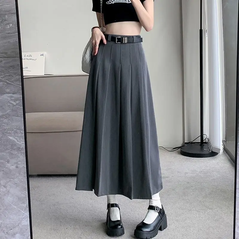 Spring and Autumn Women's Solid High Waist Pleated Preppy A-Line Slim Midi Korean Fashion Casual All-match Office Lady Skirt