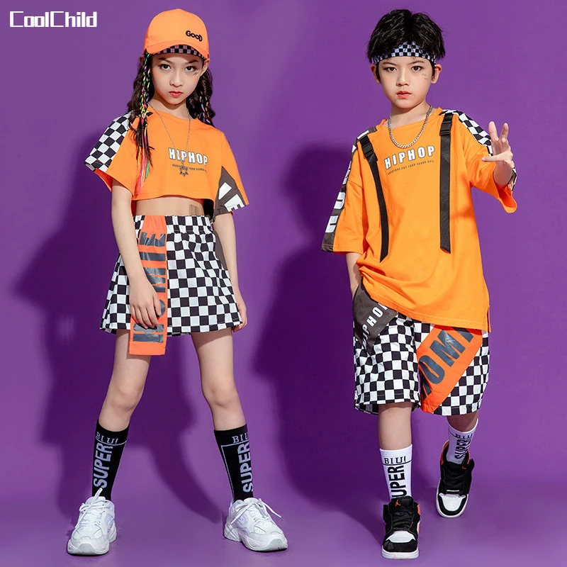 Jungen Hip Hop Sommer T-Shirt Street Dance Kontrast Cargo Shorts Mädchen Ernte Top Plaid Röcke Kinder kleidung setzt Kinder Jazz Kostüme