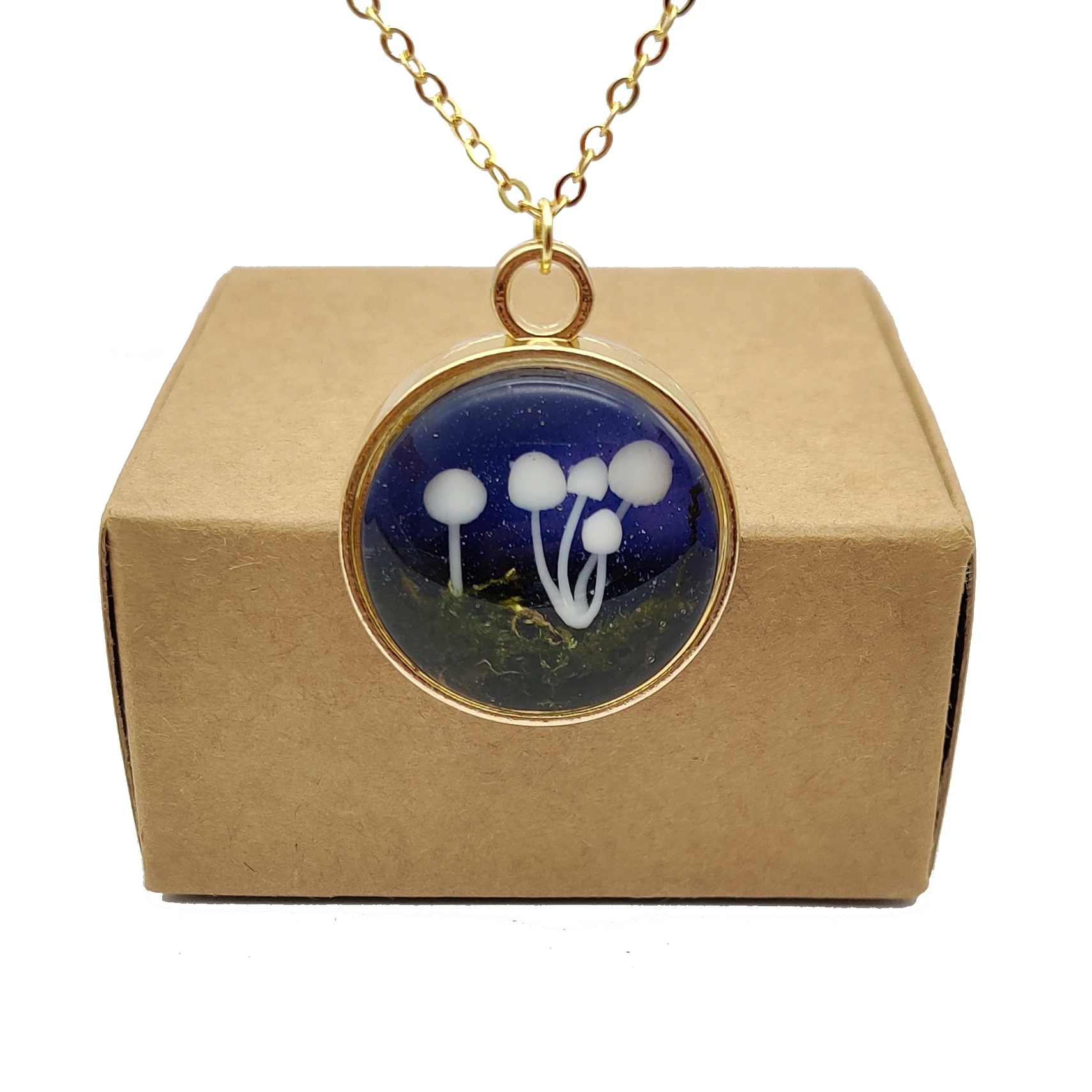 Mushroom 3D Forest Landscape Moss Underbrush Starry Gold Color Pendant Chain Long Necklace Women Boho Fashion Jewelry Handmade the starry night sky tin box van gogh brush art oil painting retro floral tin can jewelry cookie candy tea storage box gift case