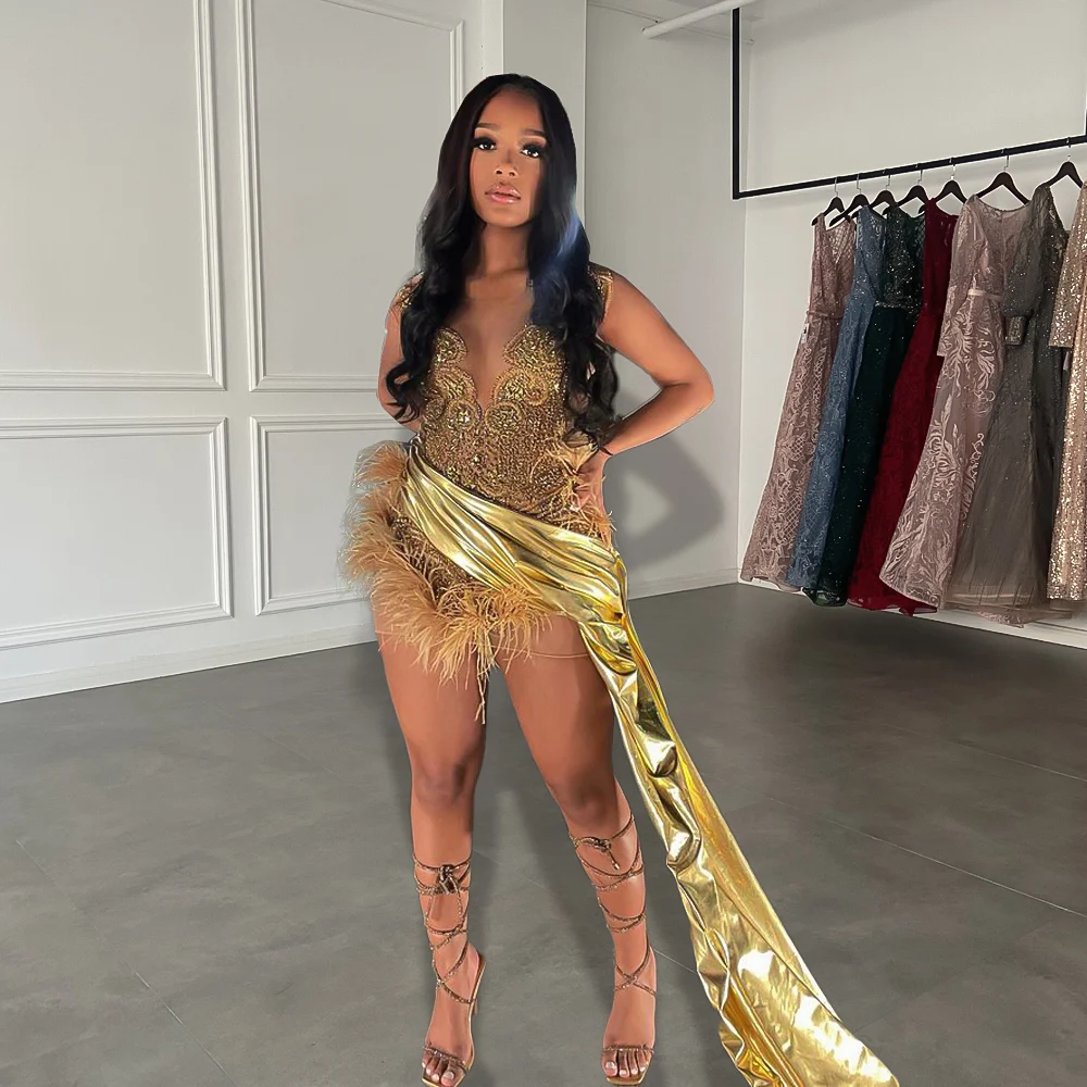 

Роскошные блестящие золотые бриллиантовые Женские коктейльные черные короткие платья для выпускного вечера с перьями 2023 для дня рождения