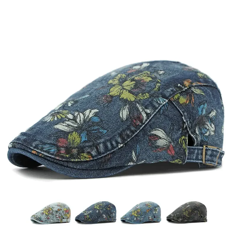 Newsboy Cap Four Seasons Cotton Flower Print Newsboy Caps Flat Peaked Cap Men and Women Painter Beret Hats 163