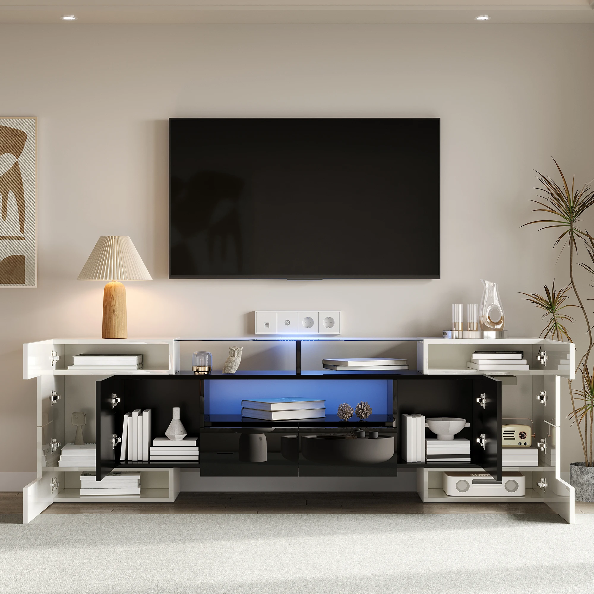 Stilvoller 200 cm TV-Schrank mit Hochglanz-Finish in Weiß und Schwarz, LED-Beleuchtung und eleganter Glasoberfläche. – Detail 9