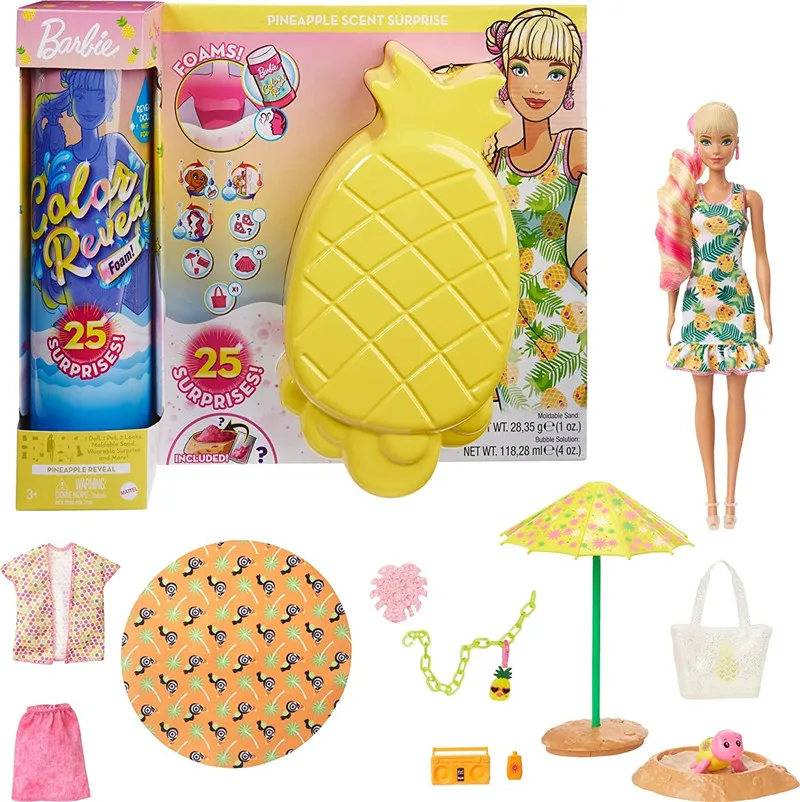 

Barbie Color Reveal Foam Doll Pet Friend with 25 Surprises Outfits Hair Extensio Kid Sunny Pineapple-Theme Kid Action Figure Toy