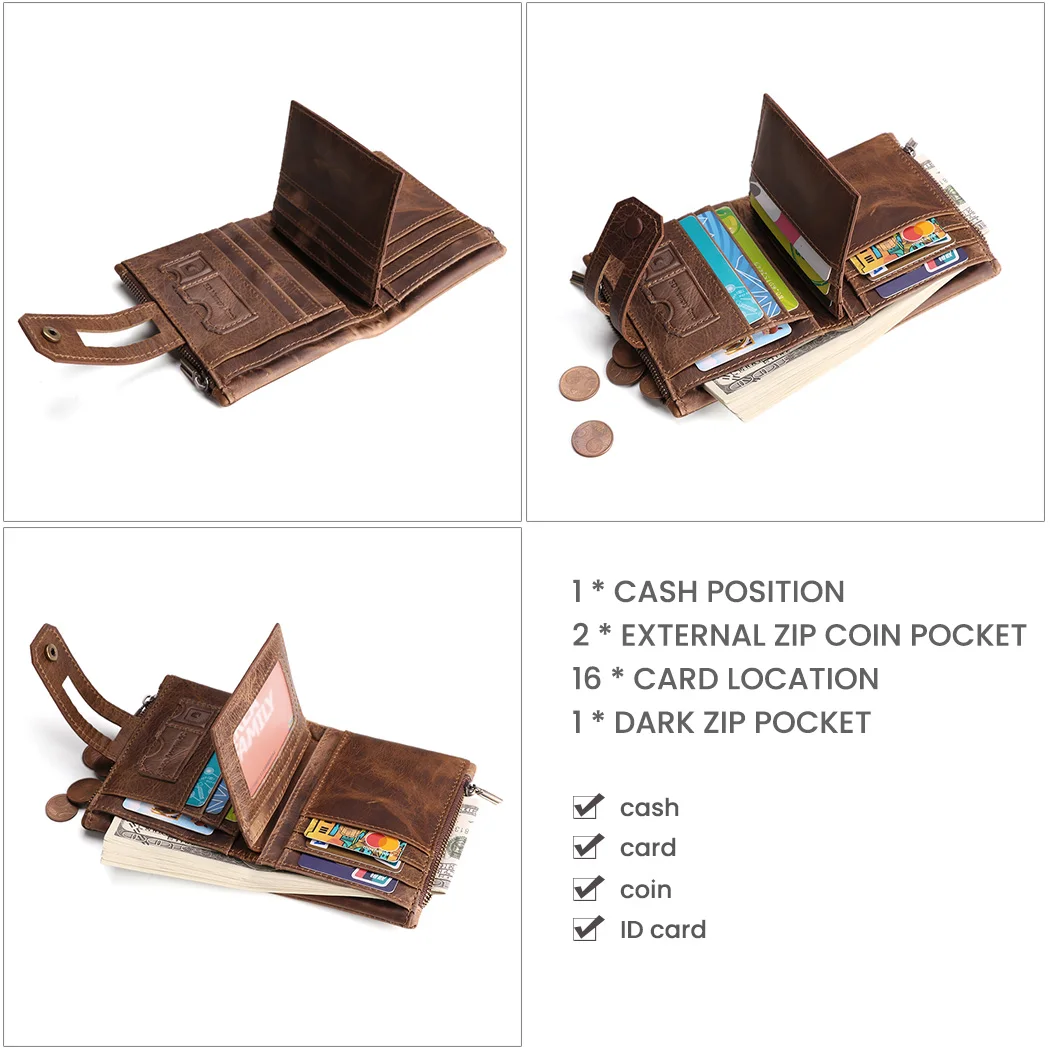 Men wallet casual fashion leather anti-theft brush Coin purses double zipper multi-card slot retro clutch man rfid Money clip