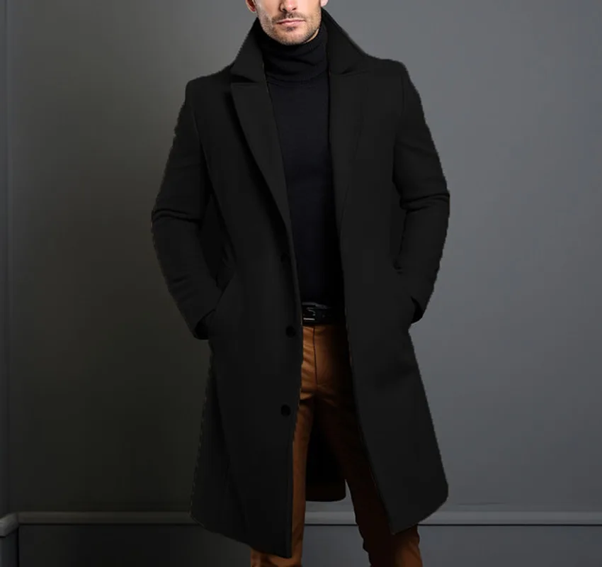Woolen Coat Men\'s Medium Length Solid Color Autumn and Winter Warm Youth Woolen Jacket for Men