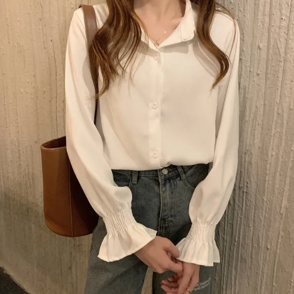 

Office Lady Polo Collar Solid Loose Top Elegant Buttons Up Shirt New Autumn Spring Long Sleeved Blouses Ladies 2023 News C291