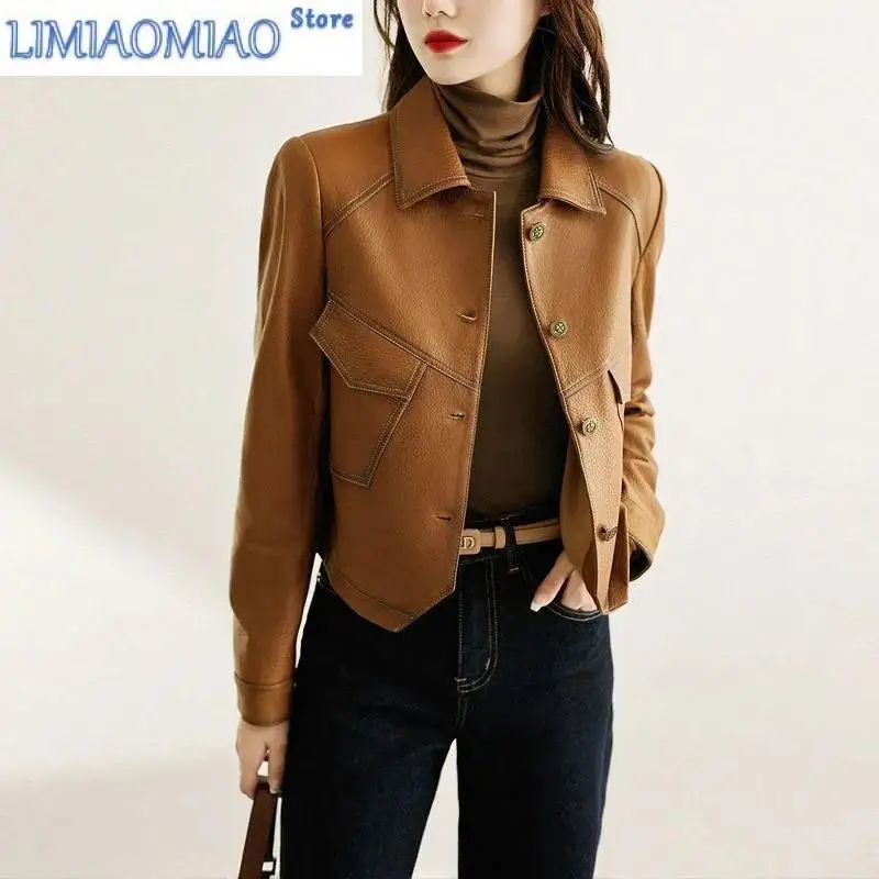 New High-End Brown Women Bike Coat PU Leather Outwear Button Outfit Spring Autumn Women Fashion Short Thin Female Jacket Black denim jacket female spring 2021 new spring fashion tide korean students loose thin coat autumn short jean jackets women cothes