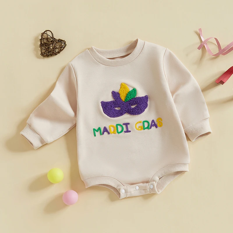 Baby Girl Boy Mardi Gras Outfit Long Sleeve Mardi Gras Letter Print Romper Oversized Sweatshirt Newborn Bodysuit 3