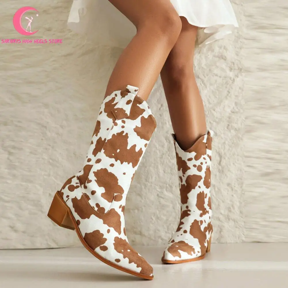 

Fashion Cowgirl Chunky Western Boots Women Platform Brand Cow Pattern Pointed Mid Calf Boots Comfy Casual Stylish Shoes Women