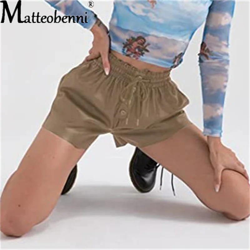 2022 New Summer PU Leather Women's Shorts With Drawstring Stylish OL High Waist Pockets Casual Loose Straight Short Pants Female