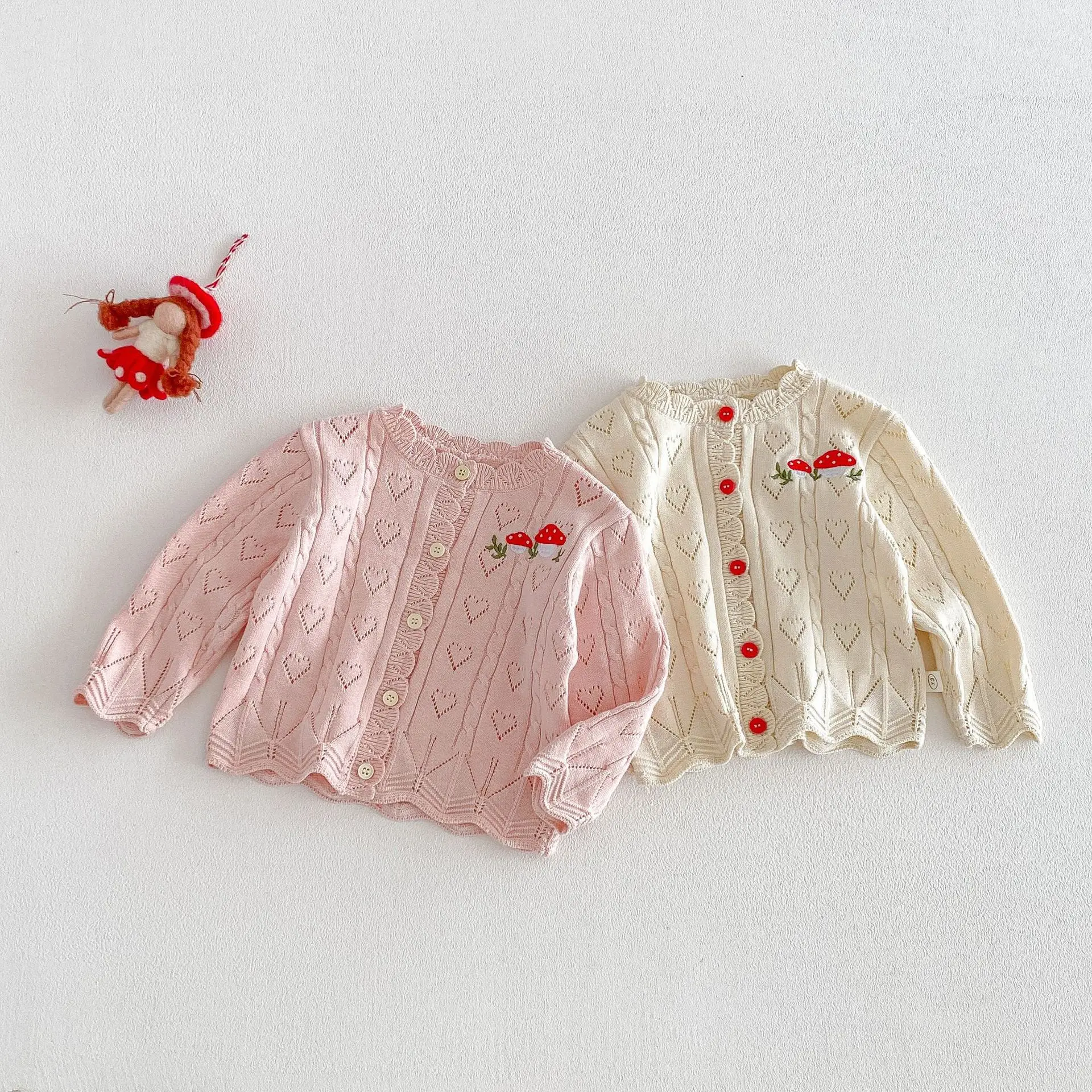 여아용 면 니트 가디건 0-5세 어린이 봄 버섯 자수 하트 패턴 스웨터 귀여운 여아 니트 상의