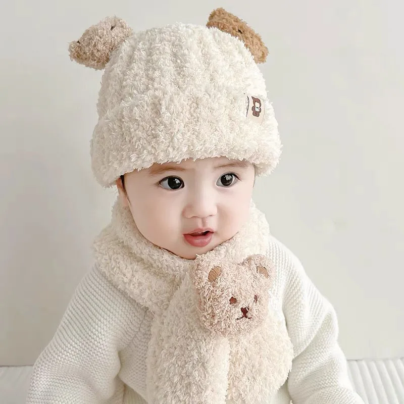 

Children's Hats Autumn Winter Windproof Hats+Scarf for Kids Ear Protectors Girls Boys Cap Windproof Thickened Warm Baby Scarves