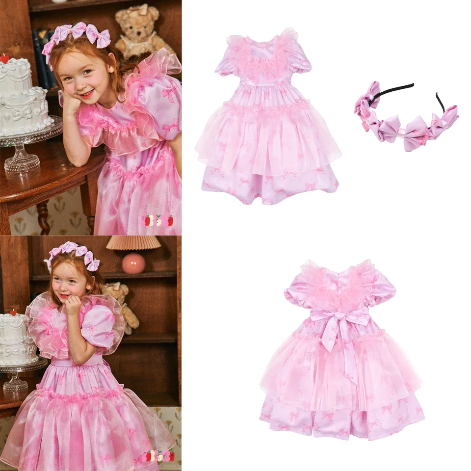 

2024 New Korea Bebe Summer Girls Princess Dress Kids Pink Clothes Children Hair Band Girls Party Dress Child Birthday Clothes