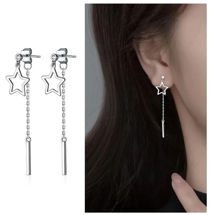 

Real 925 Sterling Silver Chain Linked Stick Star CZ Stud Earrings For Women Wedding Birthday Present Jewelry DA2922