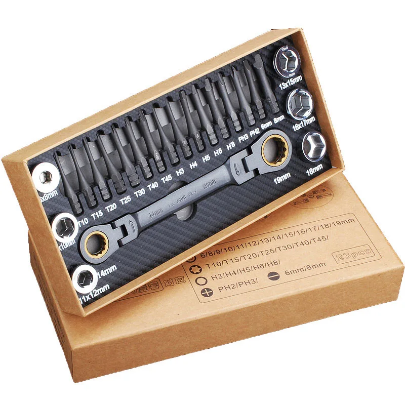 

23pcs Wrench Screwdriver Bits Multifunctional Ratchet Spanner Set Flexible Head Ratchet Double Box Socket Auto Repairing Tool