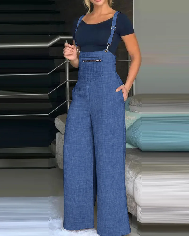 

Women Summer Pocket Design Wide Leg Suspender Jumpsuit Casual Elegant Long Pocket Zipper Outfits