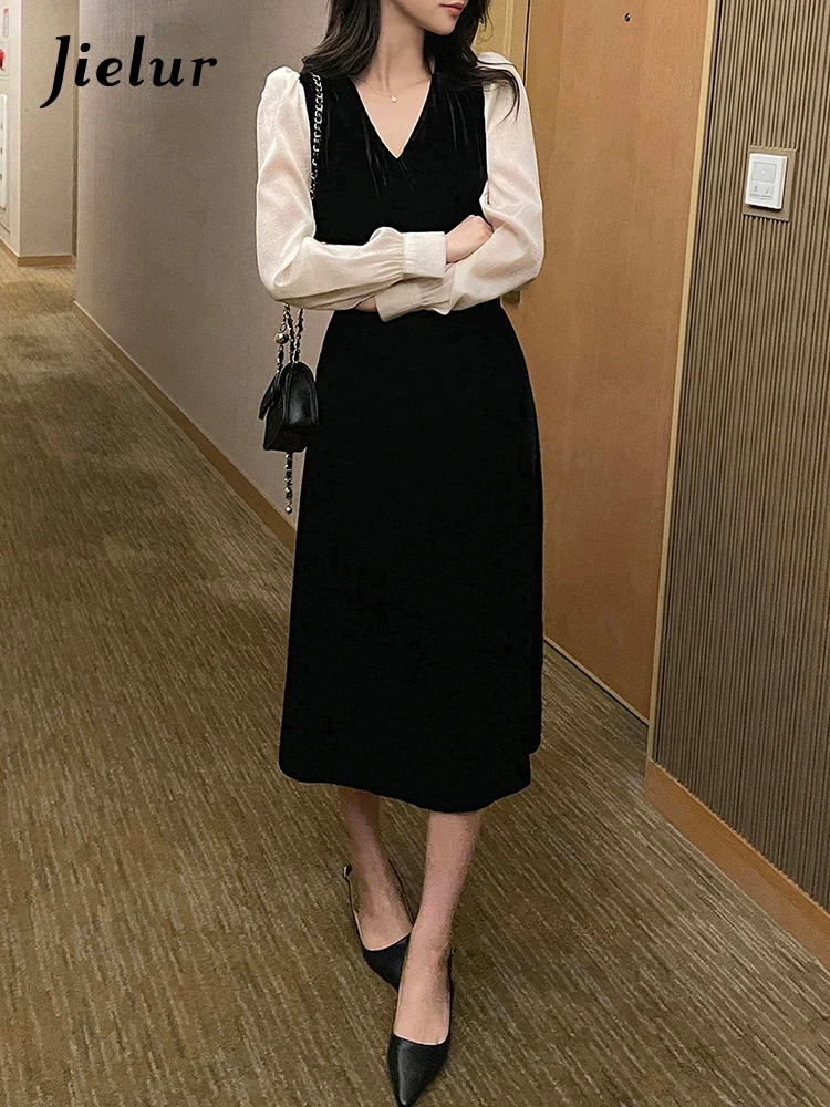 

Jielur Korean Chic French Chic Women Dress V-neck Contrast Color Slim Woman Dress Black Sweet Lady Long-sleeved Dresses Female