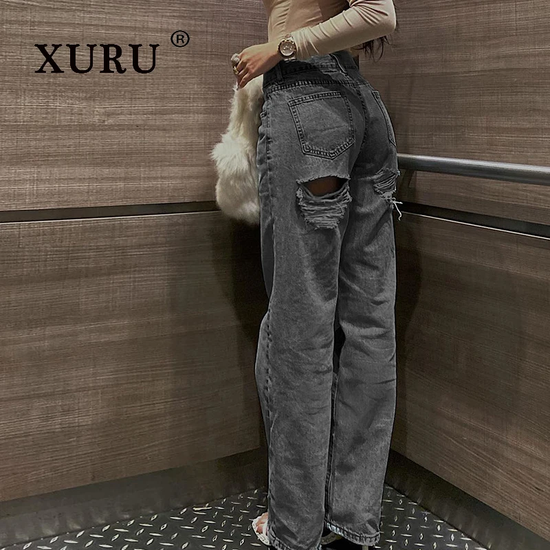 XURU - New Women's High Waisted Ripped Jeans, Fashionable Hot Pants Slim Fit Light Blue Gray Long Jeans Pants 5