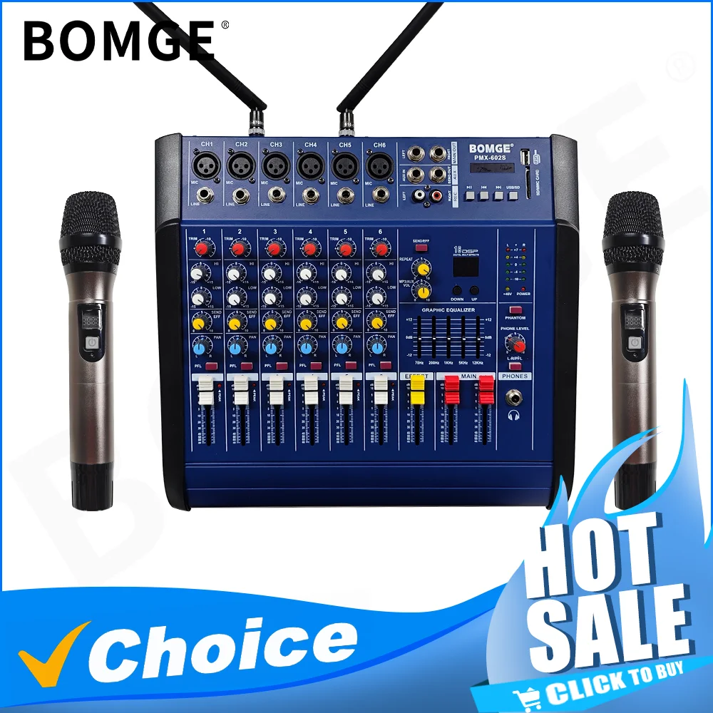 Professional 6 Channel Audio Mixer With Wireless microphone system Mixing Sound Console Card USB interface 48V for karaoke DJ
