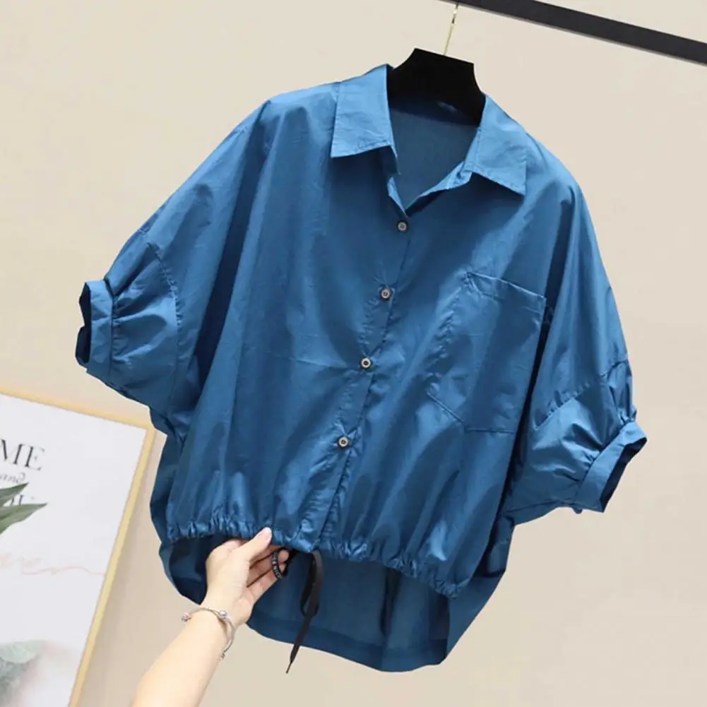 

Lapel Women Shirt Stylish Women's Lapel Shirt Irregular Back Design Half Sleeve Buttons Drawstring Hem for Spring Summer Solid