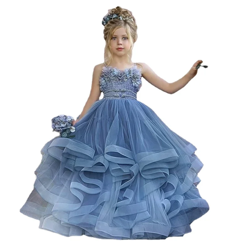 

Dusty Blue Flower Girl Dresses For Wedding Party Sleeveless Full Length Kids Pageant Gowns Tulle Ruffled First Communion Skirt