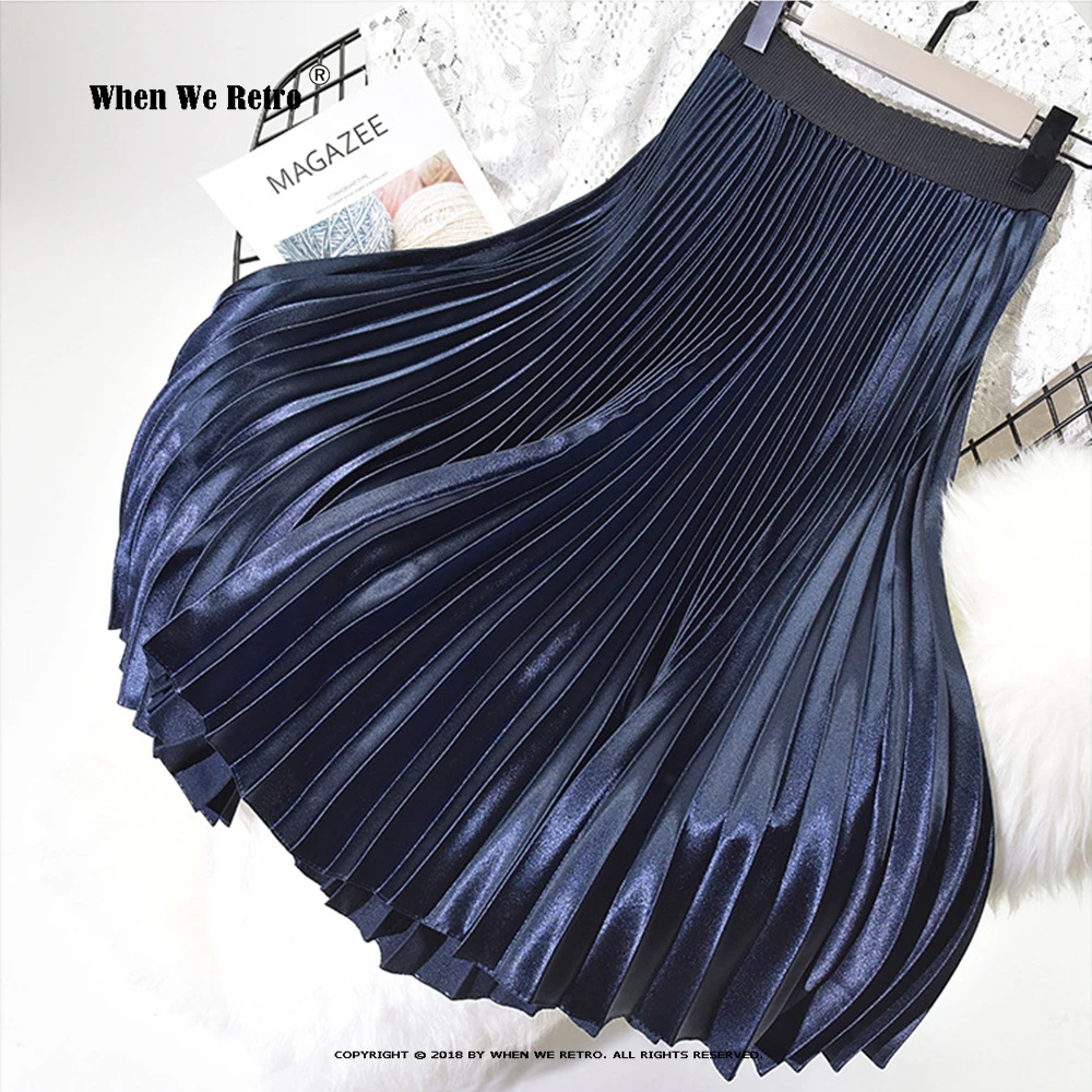 

Satin Pleated Skirt Womens 2022 Autumn Winter Blue Fashion Multilayer Midi Skirts Vintage High Waist Large Swing Long Jupe RS007