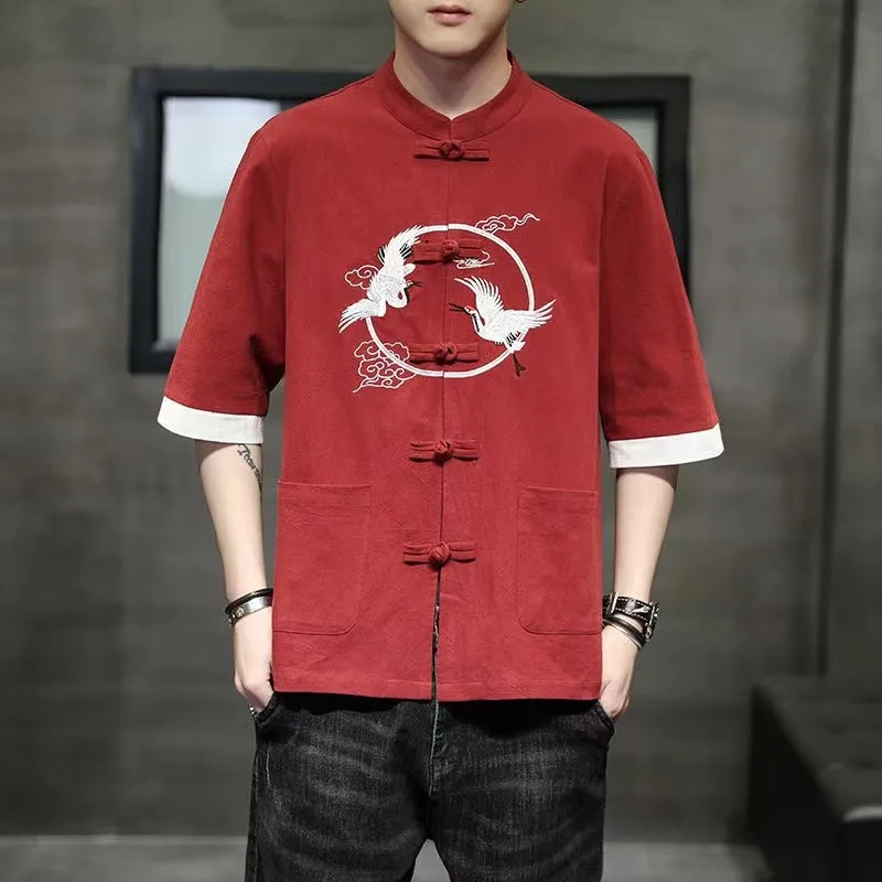 

Chinese Style Men Embroidered Short Sleeve Shirts Tang Suit Retro Qipao Tops Cotton Linen Casual Blouse Zen Tea Cardigan Coats