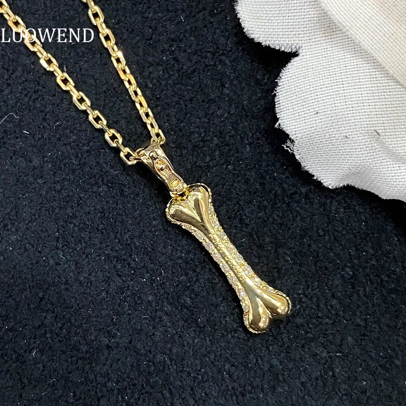 LUOWEND 18K Solid Yellow Gold Necklace Real Diamond Pendant Necklace Fashion Bone Design Exquisite Jewelry for Women party