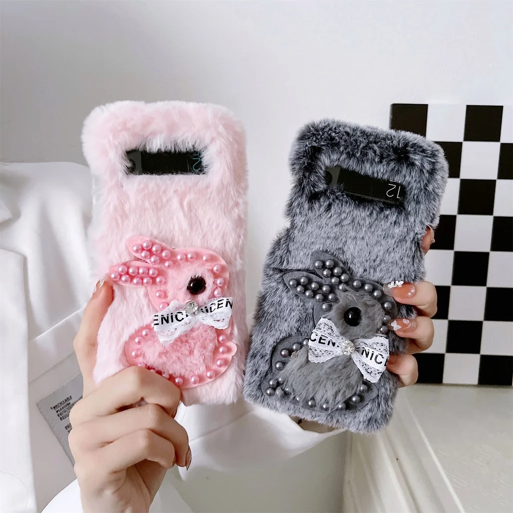 

For Samsung Galaxy Z Flip 4G 5 4 3 5G Flip3 Flip4 Korean Pink Grey Fluffy Plush Fur Pearl Bunny Rabbit Shockproof Case Cover