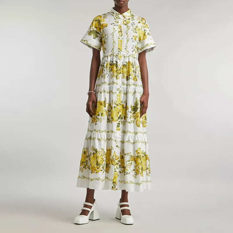 

2023 Summer New Fashionable Style Polo Collar Print with Button Design Shirt Dress Long Dress Vintage Women Clothing