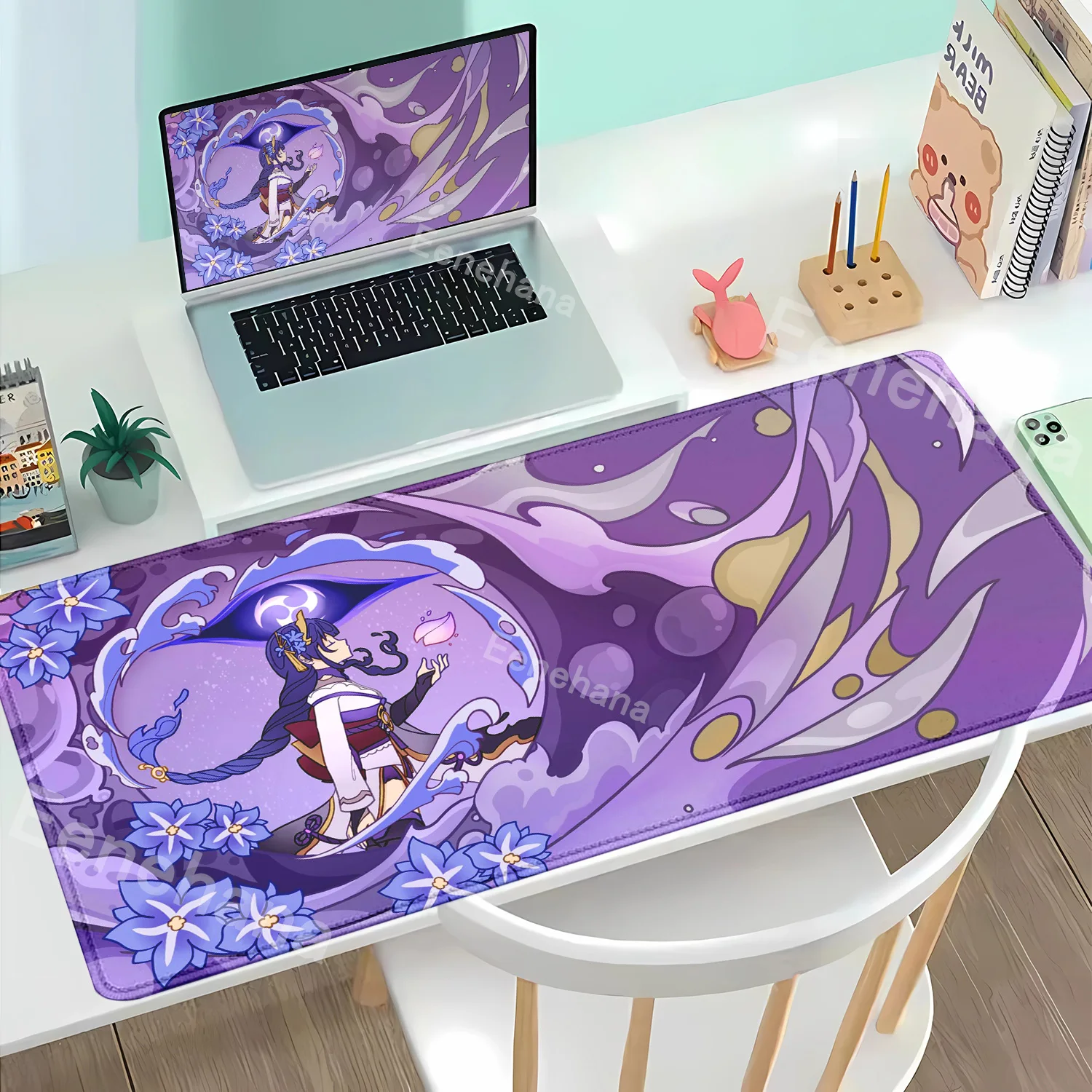 Genshin Impact Raiden Shogun Anime Mauspad, großes Gaming-Mauspad, Gummi, PC, Bürozubehör, Schutz, Gamer-Tastatur, Schreibtischunterlage
