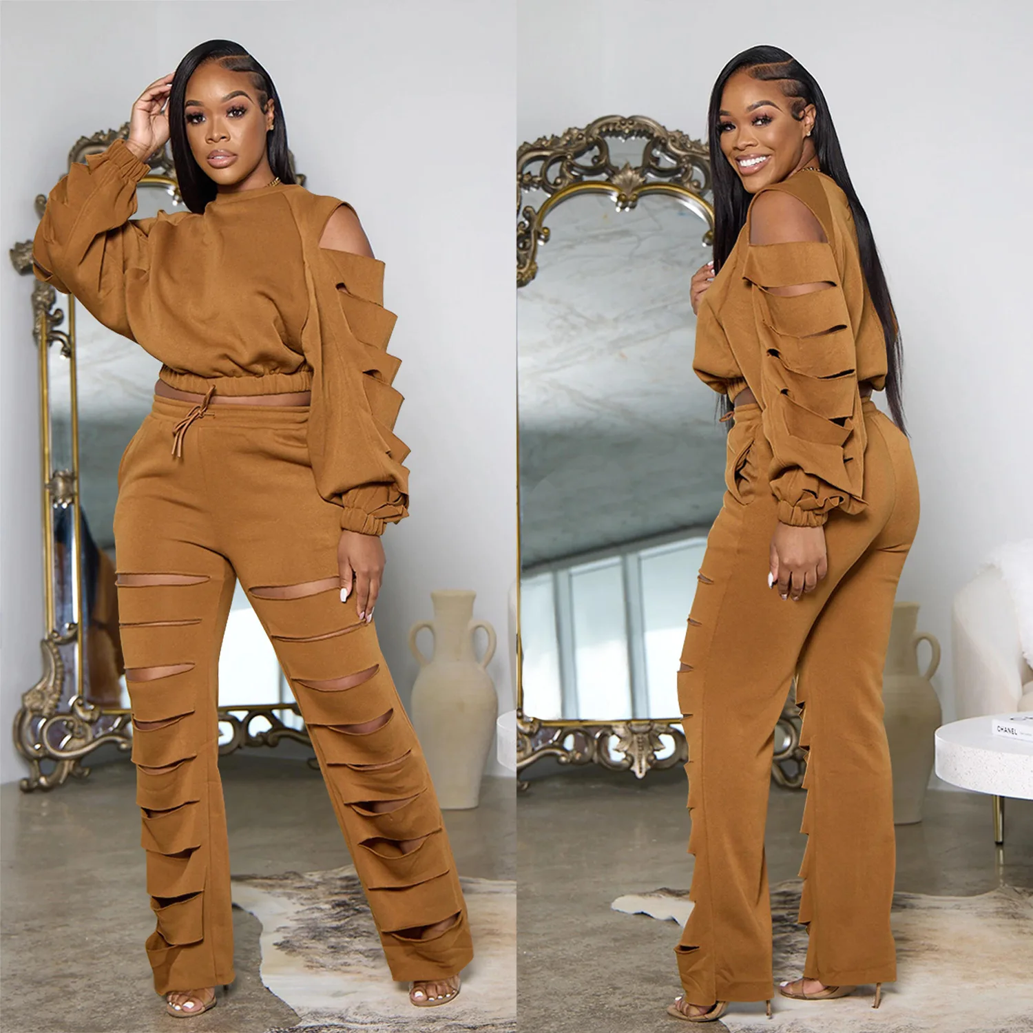 

2022 Autumn Women's Fashion Solid Broken Rope Long Sleeve Short Sweater Casual Pants Set