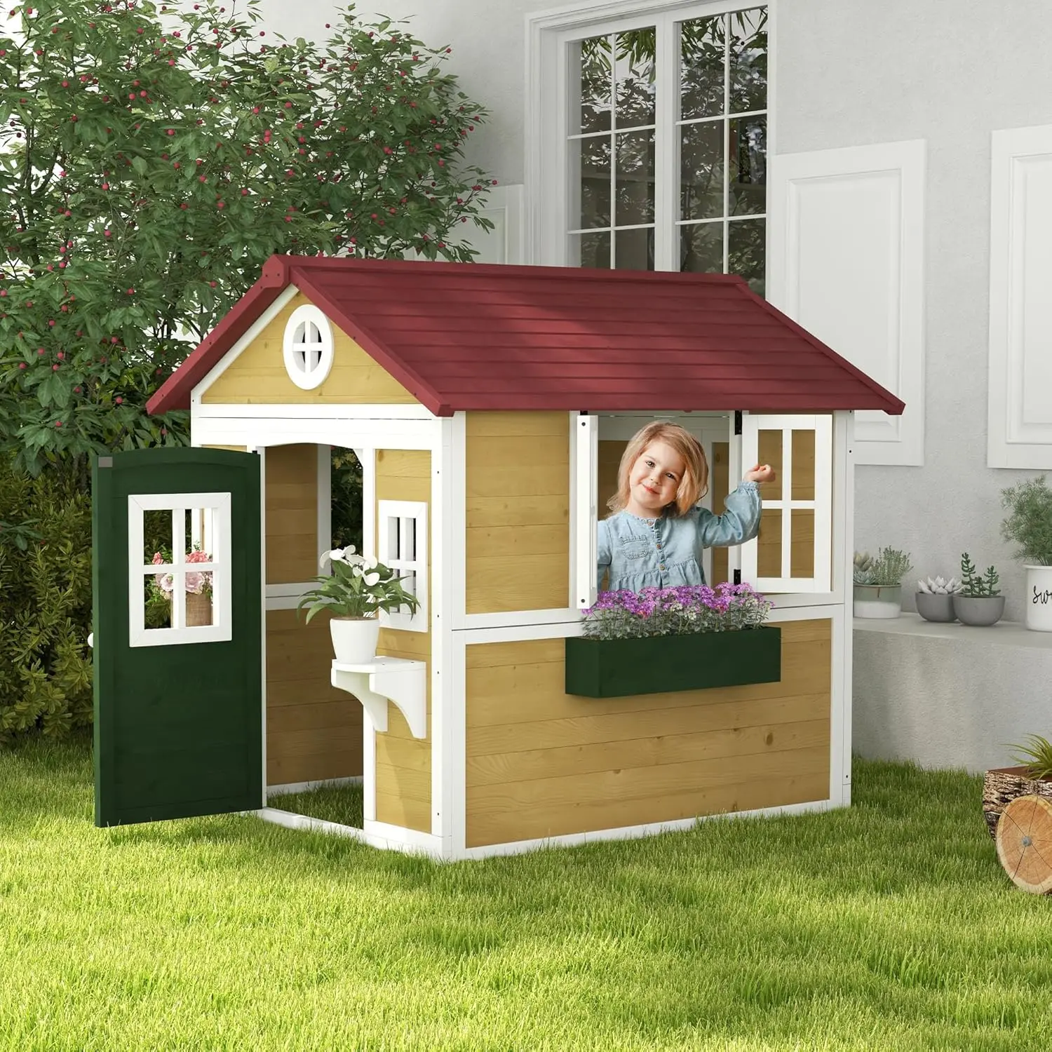 Outsunny Playhouse for Kids Outdoor, Wooden Playhouse with Doors, Windows, Planter Pots and Boxes for Toddlers 3-8 Years
