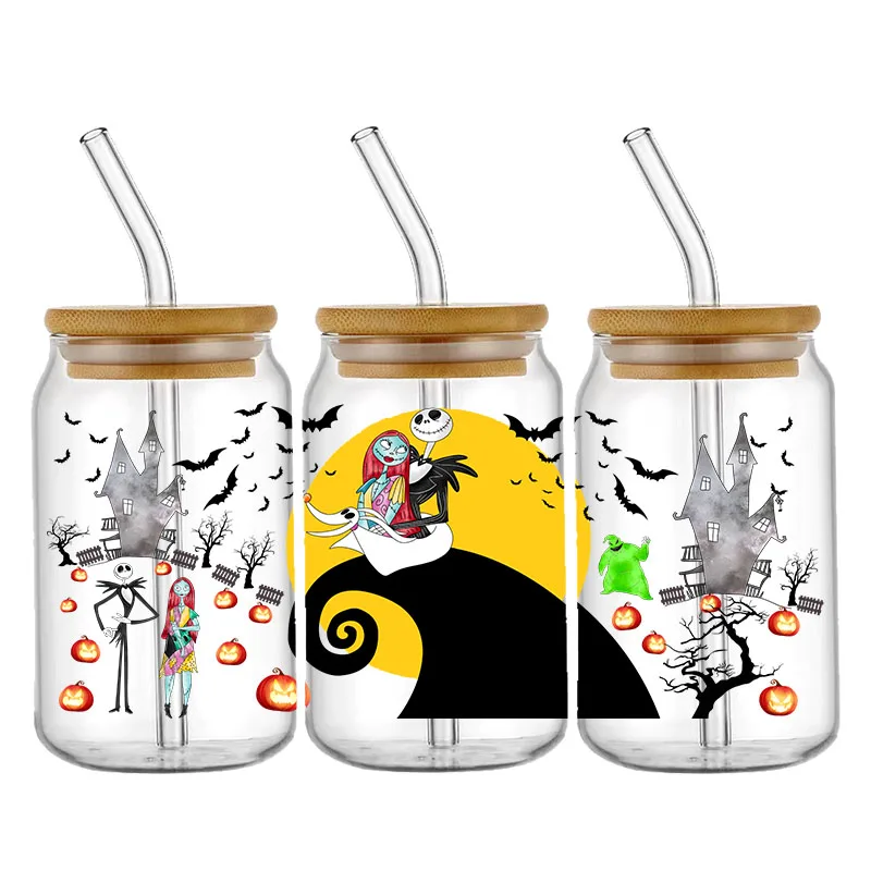 UV DTF 컵 랩 전사 스티커, 유리, 잭, 샐리 마찰에 대한 전사 데칼, 16OZ 유리 컵, 가구 목재 공예