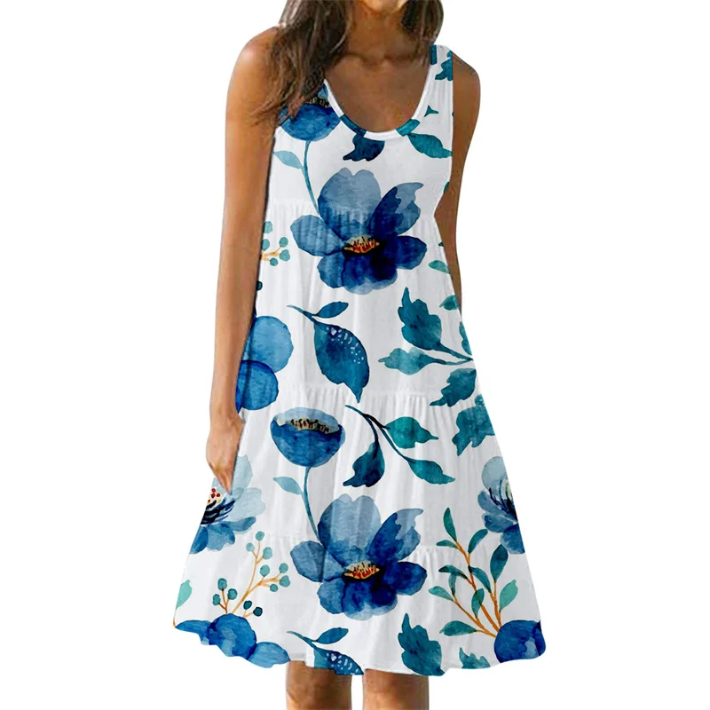 

Female Summer Mid-waist Sleeveless Cake Dresses Streetwear Casual Women's Clothing 23 Print O Neck Pullover Sling Dressy