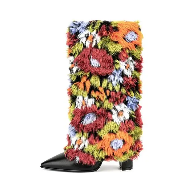 

Winter Fashion Women Mixed Fur Red Lips Pointed Toe Leather Mid-calf Boots Female 110 mm Square Heels Tube Slip On Short Botas