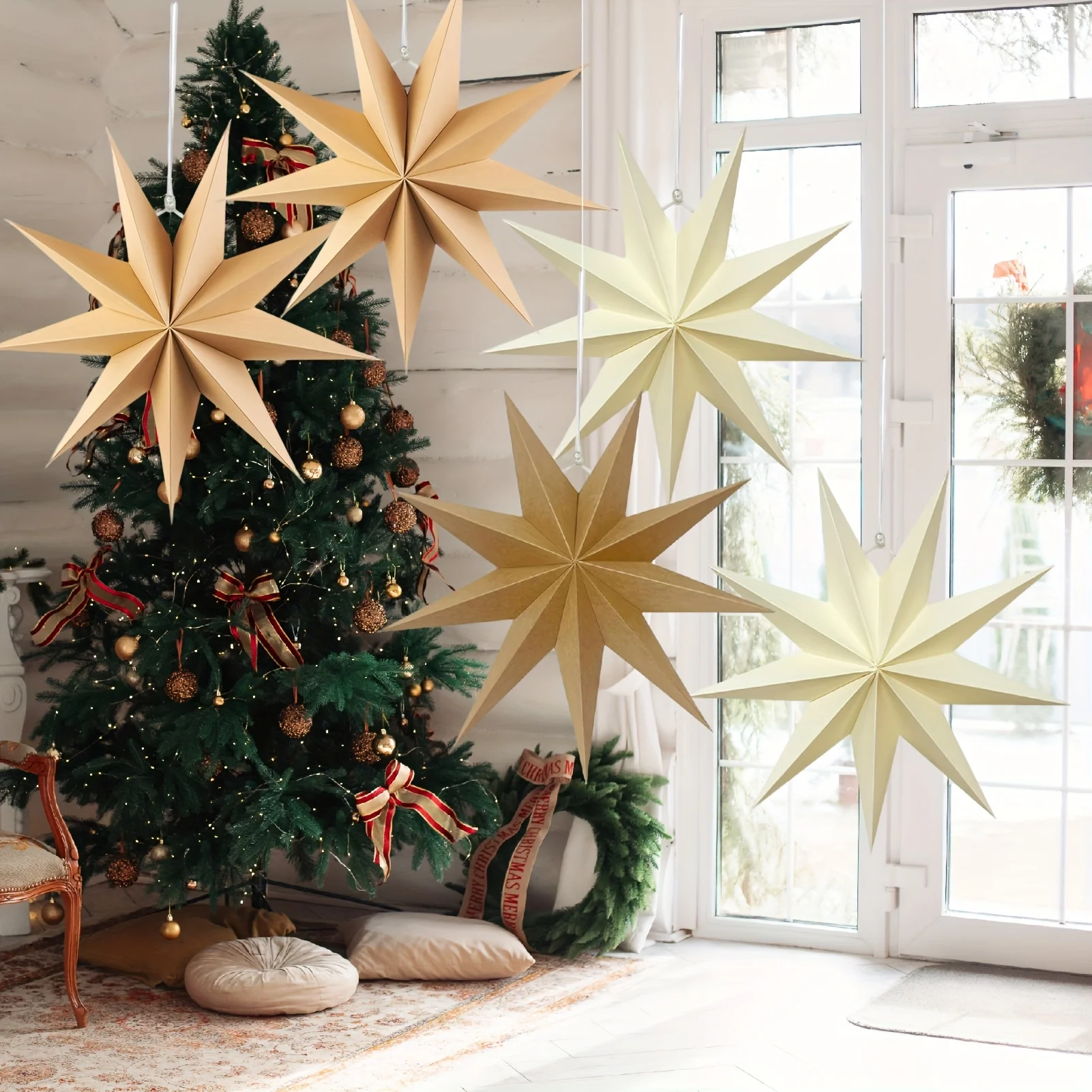 5 Stück 9-zackige Papiersterne Weihnachten Hängedekoration 30 cm Faltpapier Sterndekorationen für Hochzeit Geburtstag Weihnachten Zuhause Par – Detail 8