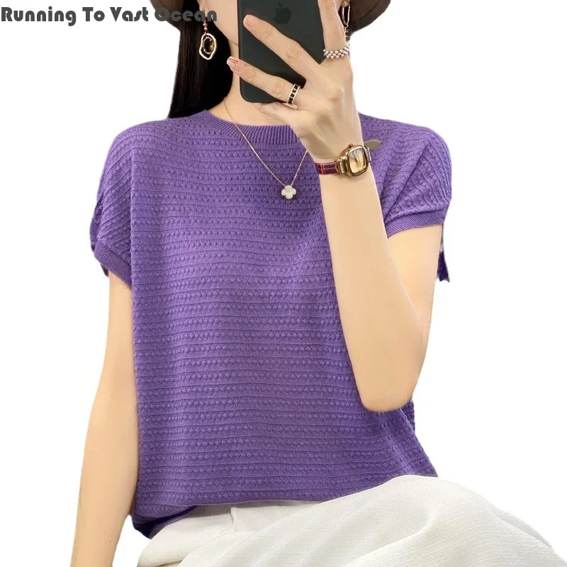 

2024 New Summer Sleeve Thin for Women Bat Comfortable Mercerized Shirts Bat with Gentle Temperament Loose Round Neck T-shirt