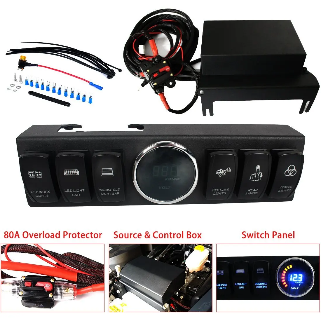 

Jeep Wrangler 6-Switch Panel, 6 Gang Rocker Switches Control Relay Box Assemblies for Jeep JK JKU 07-16 Petrol Version