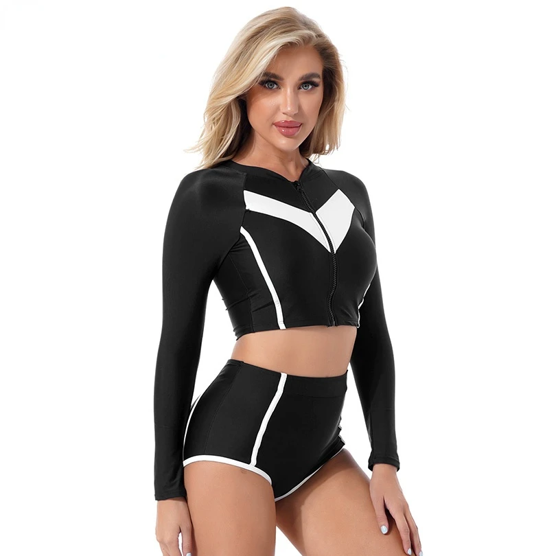 

Женский купальный костюм, купальники с длинными рукавами, с передней молнией, укороченные топы и трусы, комплект для пляжного бассейна, купальный костюм