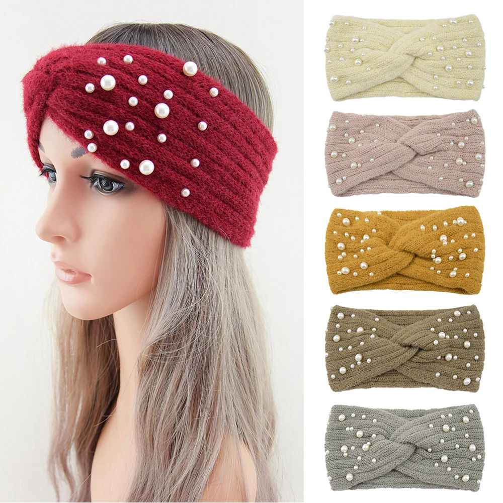 

Double-layer Headbands For Women Pearls Head Bands Knitted Turban Bandana Fall Winter Elastic Hairband Warm Ear Warmer Headdress